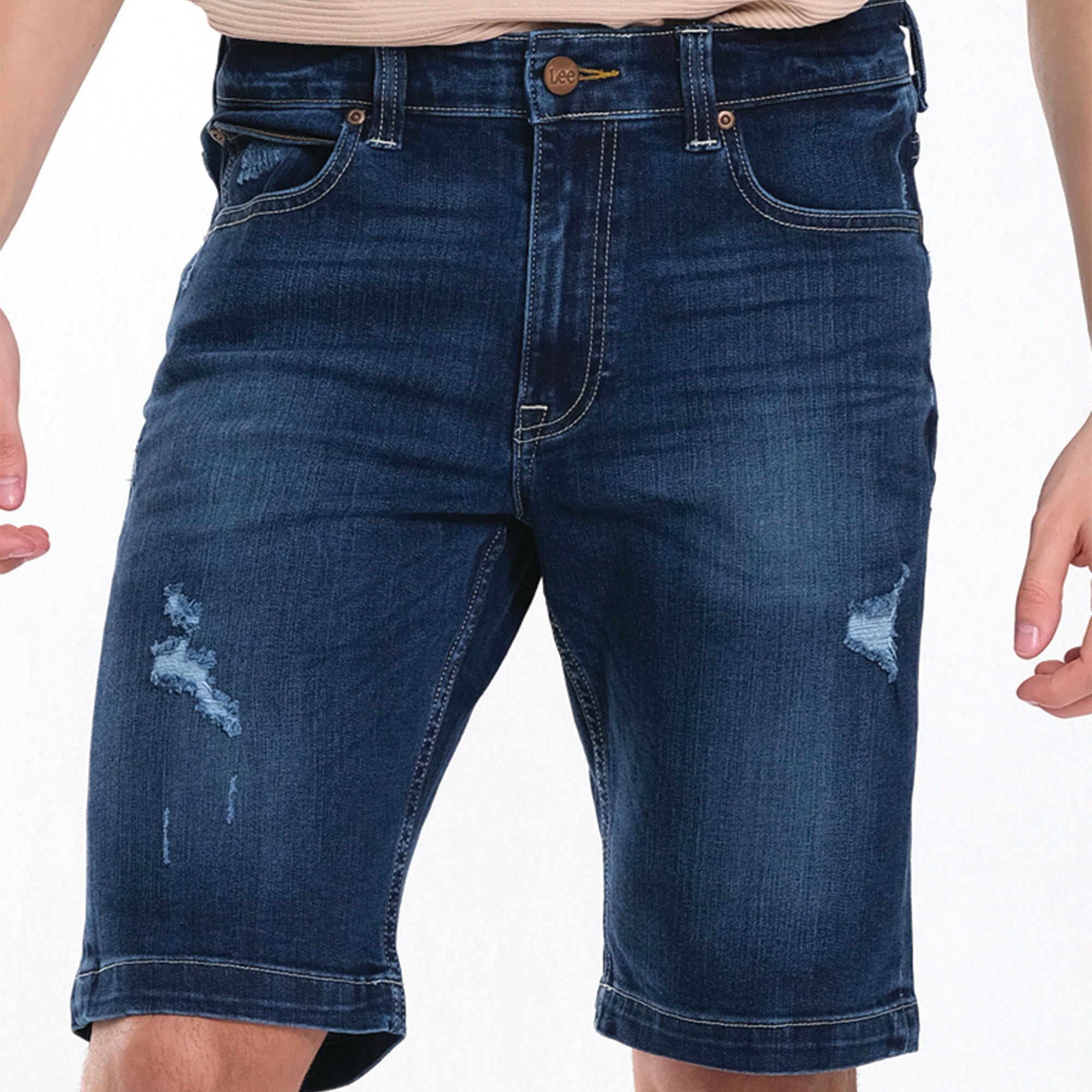 MENS DENIM SHORTS IN BLUE NOTES WITH DISTRESS