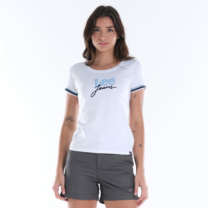 LEE LADIES ROUND NECK GRAPHIC LOGO TEE WITH SLEEVE HEM ACCENT