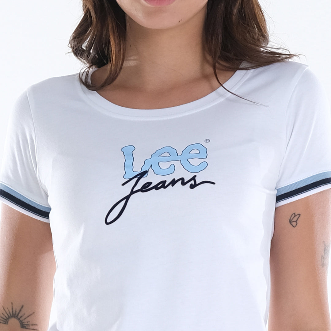 LEE LADIES ROUND NECK GRAPHIC LOGO TEE WITH SLEEVE HEM ACCENT