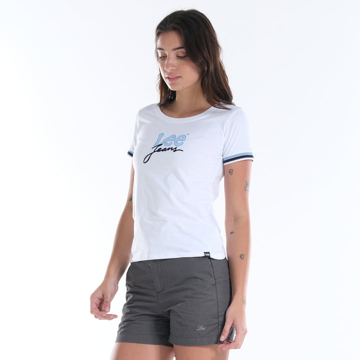 LEE LADIES ROUND NECK GRAPHIC LOGO TEE WITH SLEEVE HEM ACCENT