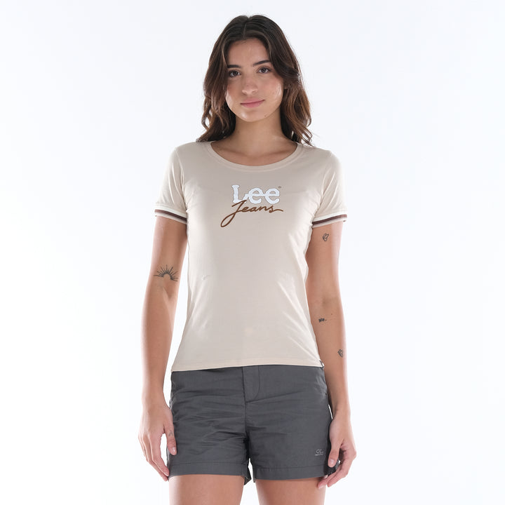 LEE LADIES ROUND NECK GRAPHIC LOGO TEE WITH SLEEVE HEM ACCENT