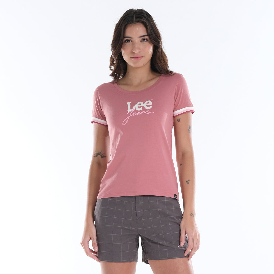 LEE LADIES ROUND NECK GRAPHIC LOGO TEE WITH SLEEVE HEM ACCENT